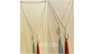 single strand beads necklace tassels leaves bronze silver 